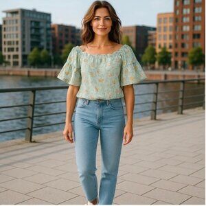 LAIA by Anthropology Green Floral Embroidered Eyelet Off-Shoulder Tiered Top